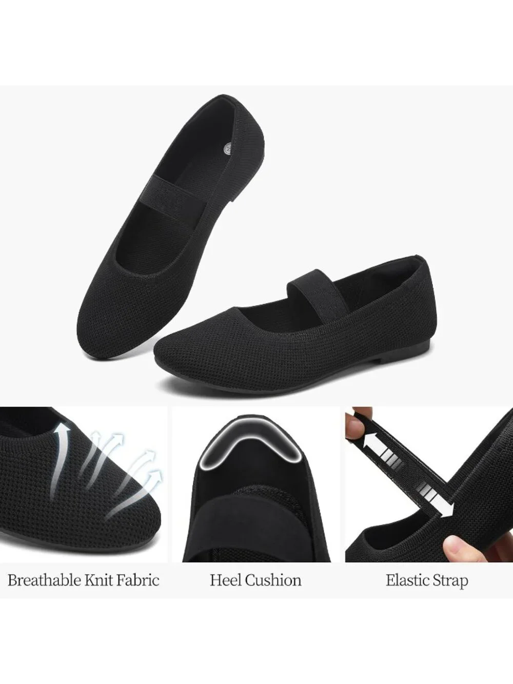 Women's Black Knit Round Toe Elastic Strap Flat Comfortable Slip On Casual Shoes